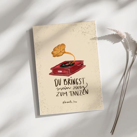 Watercolor Gramophone Valentine Card | German Love Song |A6 Card