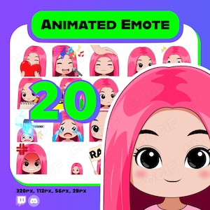 Twitch、Discord向け女の子向けアニメーションエモート20種類バンドルパック - 愛らしいピンク髪の女の子V1