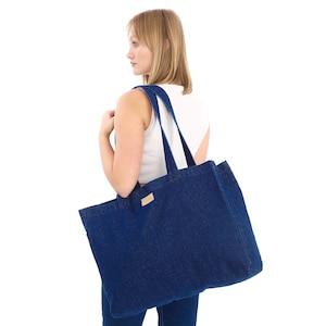 Blaue Denim-Einkaufstasche | Nachhaltige große Einkaufstasche aus 100% Baumwolle | Umweltfreundliche Alltagstasche für Arbeit, Schule oder Einkaufen | Maschinenwaschbar