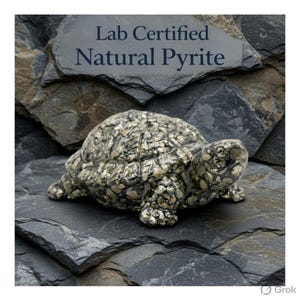 May include: A detailed sculpture of a turtle made from natural pyrite, with a textured, metallic appearance. The sculpture is displayed on a dark, layered stone surface. The text "Lab Certified Natural Pyrite" is visible.