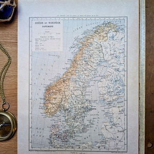 Imprimée fin XIXème, Suède, Norvège et Danemark. Carte Originale Vintage et  Authentique.
