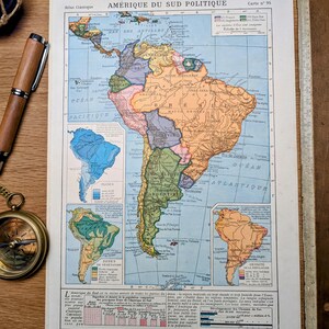 Old Map of South America, printed in 1936, Vintage Authentic 21 x 31cm (frame not included)