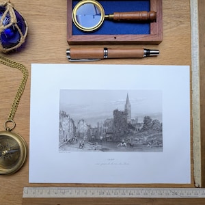 Imprimée en 1844, Caen la rue des quais, Vintage Authentique (cadre non inclus )