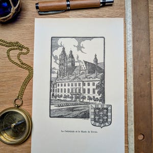 Imprimée en 1933, La cathédrale et le musée de Tours, Vintage Authentique.