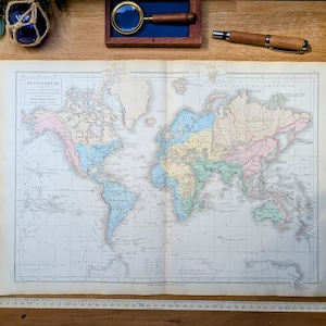 Imprimée en 1879, Planisphère des découvertes, Vintage Authentique (cadre non inclus)