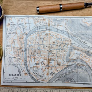 Printed in 1909, map of Besançon, Authentic Vintage 21 x 15.5 cm (frame not included)