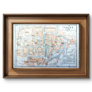 Imprimée en 1908, carte de Troyes, Vintage Authentique (cadre non inclus )
