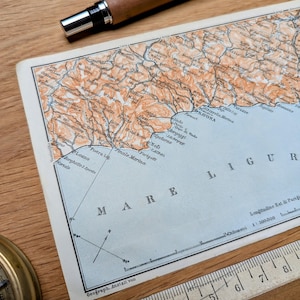 Imprimée en 1909, carte de la côte Ligure, Italie, Vintage Authentique (cadre non inclus )