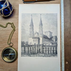 Imprimée en 1906, l'Abbaye de Jumièges. Vintage Authentique.