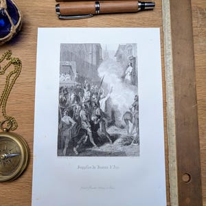 Imprimée en 1844, Le supplice de Jeanne d'Arc à Rouen. Original Vintage Authentique.