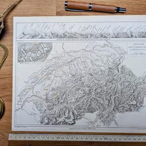 Imprimée en 1892 les reliefs de la Suisse. Original Vintage Authentique.