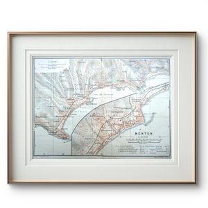 Imprimée en 1901, carte de Menton, Vintage Authentique 21 x 15,5 cm (cadre non inclus )