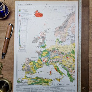 Printed in 1909, Geological Europe, Authentic Vintage (frame not included)