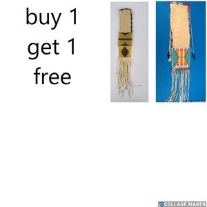 May include: Two beaded pouches with fringe. The pouches are made of leather and have colourful beadwork. The text "buy 1 get 1 free" is visible in the image.