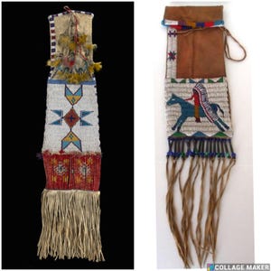 May include: Two beaded Native American pouches with fringe. The pouch on the left has a geometric design in blue, red, and yellow. The pouch on the right has a beaded image of a Native American riding a horse.