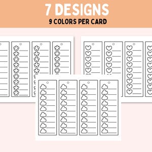 May include: White bookmark designs with floral, heart, and cloud motifs. Each bookmark features a series of lines for writing and a small hole at the top. The text at the top says "7 DESIGNS" and "9 COLORS PER CARD".
