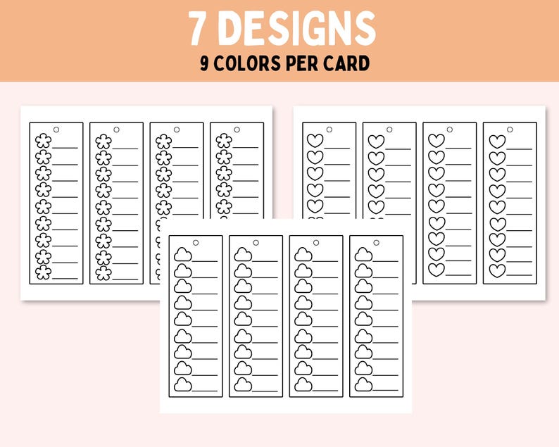 May include: White bookmark designs with floral, heart, and cloud motifs. Each bookmark features a series of lines for writing and a small hole at the top. The text at the top says "7 DESIGNS" and "9 COLORS PER CARD".