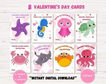 Daycare Valentines for Toddlers, Sealife Animal Preschool Valentine Cards, Kids Classroom Valentine Exchange, Marine Mammal Digital Download