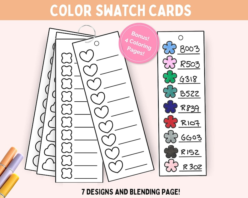 May include: A set of white color swatch cards with black outlines, featuring various shapes like hearts and flowers, held together by a metal ring. The cards include text labels like B003, R503, and G318, with a pink circle stating Bonus! 4 Coloring Pages!