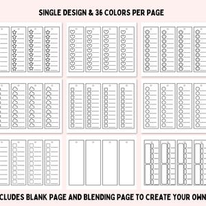 May include: A printable page featuring nine sections of rectangular bookmarks with various black and white line art icons including stars, hearts, flowers, clouds, and circles, with the text SINGLE DESIGN & 36 COLORS PER PAGE and INCLUDES BLANK PAGE AND BLENDING PAGE TO CREATE YOUR OWN.