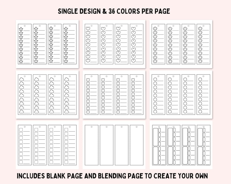 May include: A printable page featuring nine sections of rectangular bookmarks with various black and white line art icons including stars, hearts, flowers, clouds, and circles, with the text SINGLE DESIGN & 36 COLORS PER PAGE and INCLUDES BLANK PAGE AND BLENDING PAGE TO CREATE YOUR OWN.