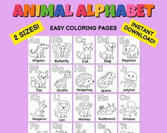 May include: An Animal Alphabet coloring page set featuring black and white line art illustrations of animals from A to T, including an alligator, butterfly, cat, dog, elephant, fox, giraffe, hedgehog, iguana, jellyfish, kangaroo, lion, monkey, nudibranch, and octopus.