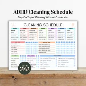 ADHD Cleaning Schedule Printable, Editable Cleaning Checklist Canva, ADHD Cleaning Routine Planner, Executive Dysfunction Chore Chart