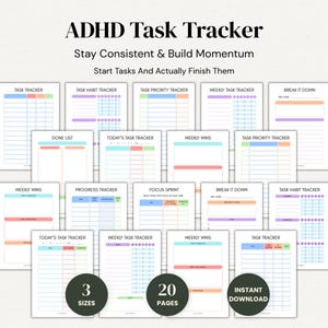 Puede incluir: Descarga digital de ADHD Task Tracker con 20 páginas en 3 tamaños. La imagen muestra una colección de hojas de gestión de tareas imprimibles, con títulos como "Task Tracker" y "Weekly Wins". El texto dice "Mantente constante y genera impulso."