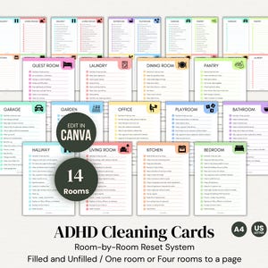 Schede di controllo per la pulizia ADHD stampabili, sistema di pulizia stanza per stanza, routine di pulizia adatta ai disordini esecutivi, ripristino della casa ADHD