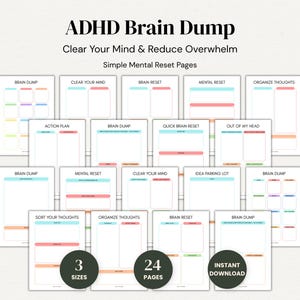 Peut inclure: Pages imprimables "ADHD Brain Dump" avec des titres tels que "Brain Dump" et "Clear Your Mind". Le pack comprend 24 pages de différentes tailles, disponibles en téléchargement instantané. Le design présente des couleurs pastel et des mises en page simples.