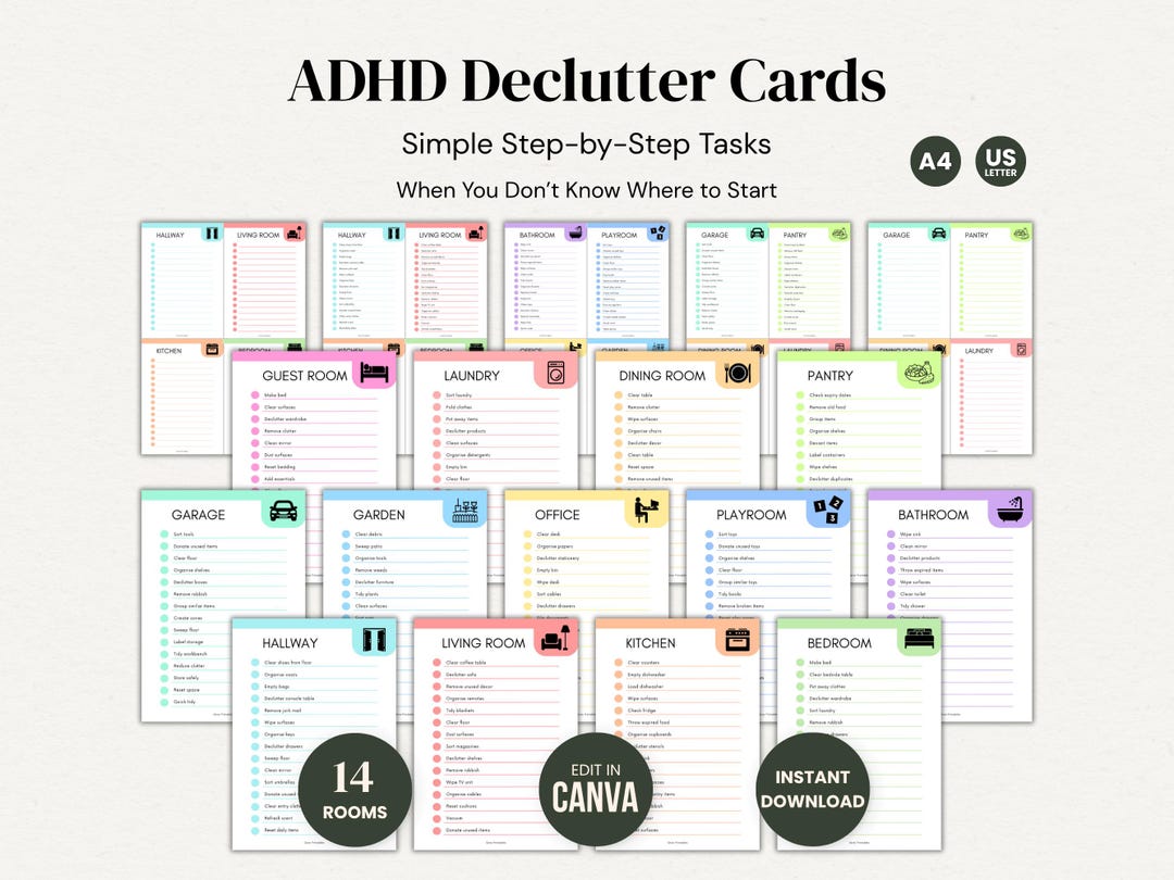 ADHD Declutter Cards Printable, Room by Room Decluttering Checklist ...