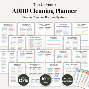 Puede incluir: Un conjunto de planificadores de limpieza imprimibles con el texto "The Ultimate ADHD Cleaning Planner" y "Simple Cleaning Routine System". Los planificadores incluyen listas de verificación para diversas tareas de limpieza, con la opción de editar en Canva y descarga instantánea.