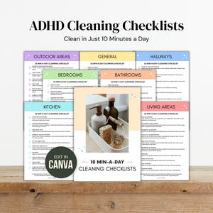 Op de afbeelding: ADHD schoonmaakchecklists met kleurrijke koppen voor buitenruimtes, slaapkamers, keuken, algemeen, badkamers, gangen en woonruimtes. De checklists zijn ontworpen om in 10 minuten per dag te worden voltooid.