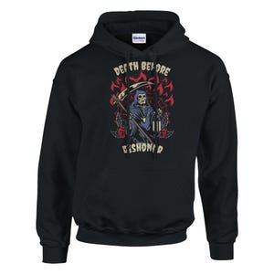 Herren Tod vor Dishonor Hoodie, grafischer Streetwear Pullover, y2k Sweatshirt, japanischer Streetwear Hoodie, Sensenmann Pullover