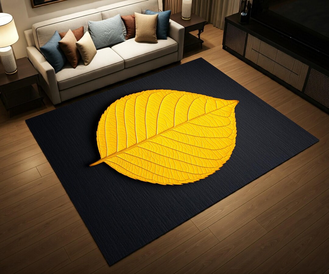 Leaf Patterned Rug, Yellow Leaf Rug, Abstract Patterned Rug, Polyester ...
