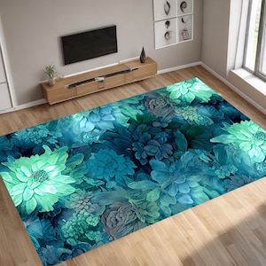 Blue Green Floral Polyester Rug: Botanical Abstract Pattern