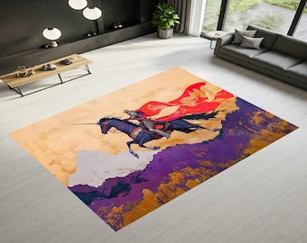 Knight on Horse Rug: Medieval Fantasy, Hand-Painted Look