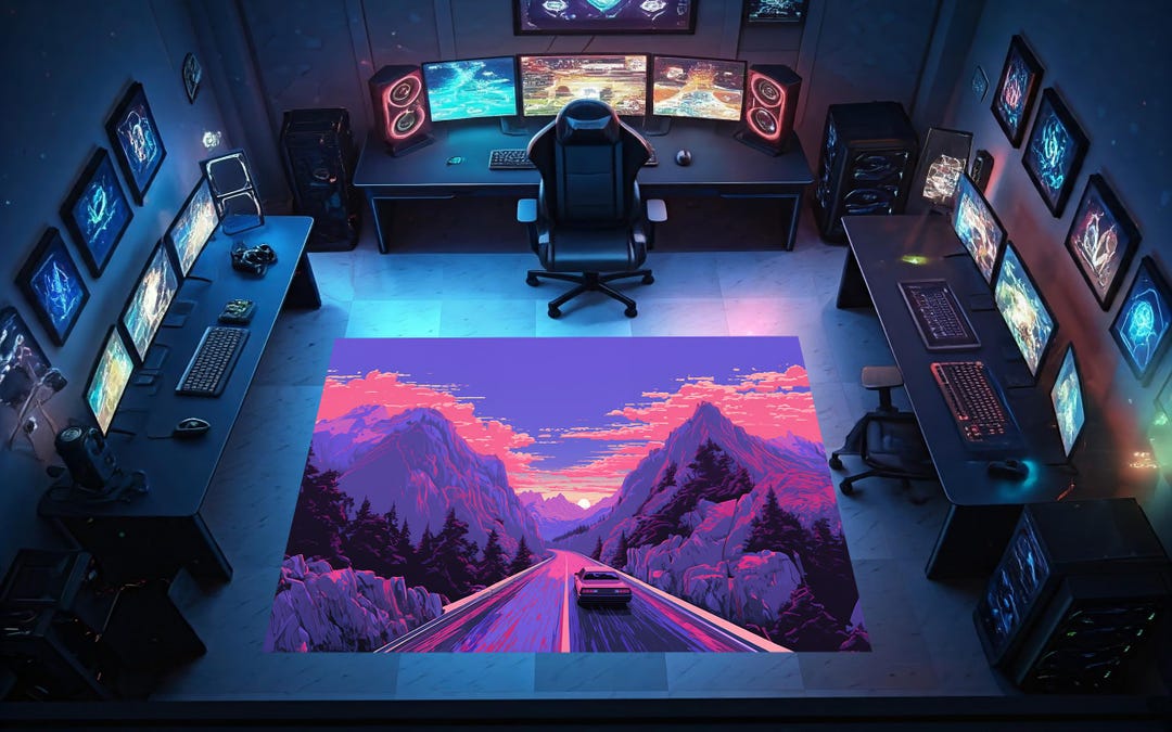Retro Rug, 80s Inspired Rug, Vaporwave Rug, Mountain View Rug, Game ...