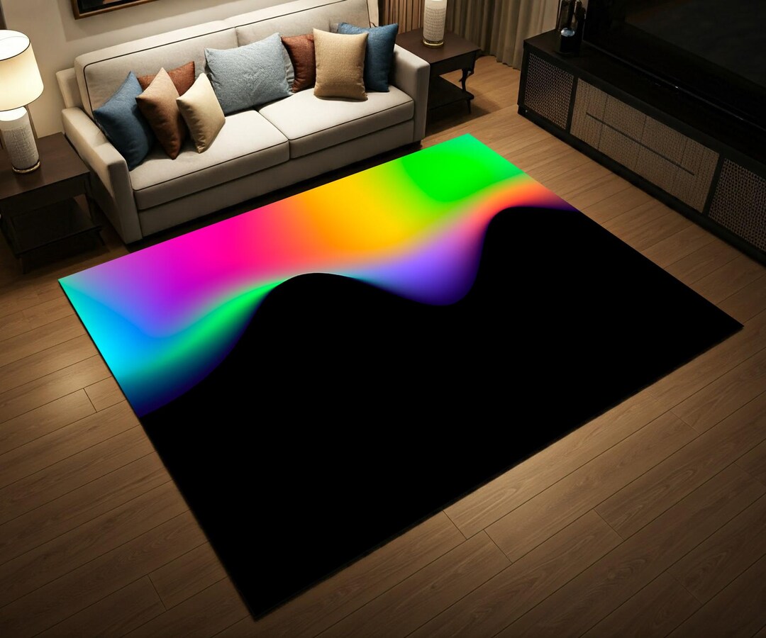 Black Rug, Colorful Rug, Rainbow Rug, Neon Rug, Pastel Rug, Polyester ...