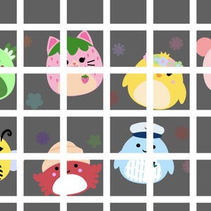 Op de afbeelding: Een raster met negen kleurrijke pluche speelgoed, waaronder een groen monster, een roze aardbei, een geel kuiken, een roze varken, een gele bij, een rode krab, een blauwe pinguin en twee andere pluche speelgoed.