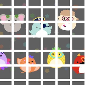 Op de afbeelding: Een raster van negen vierkanten, elk met een ander cartoondier. De dieren zijn een grijze olifant, een blauwe walvis, een bruin schaap, een paarse octopus, een oranje vis, een gele ananas en een rode krab. Elk dier heeft een andere uitdrukking en draagt een ander accessoire.
