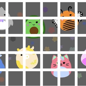 Op de afbeelding: Een raster van negen vierkanten, elk met een ander cartoonfiguur. De figuren zijn een grijze haai, een groene avocado, een gele koe, een blauwe pinguin, een roze eenhoorn, een paarse kat en een gele en oranje bij.