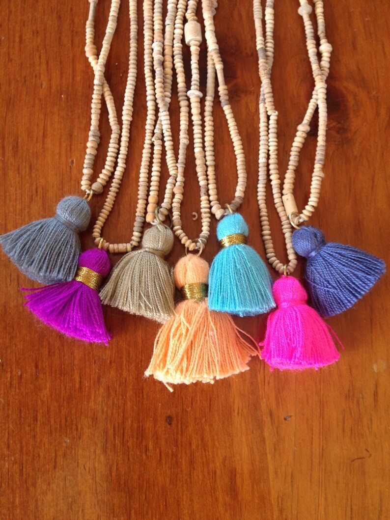 BLUE TASSLE BEADED Neckace. Blue tassel in African Mali beads. Etsy