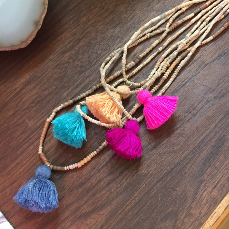 BLUE TASSLE BEADED Neckace. Blue tassel in African Mali beads. Etsy