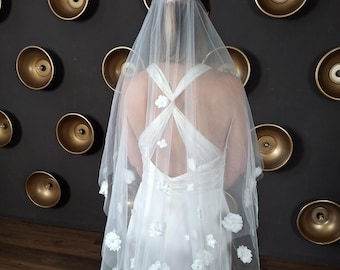 Floral veil with blusher veil Bridal veil flower veil trim Two tier chapel veil Delicate veil in 3d flower veil Flower wedding veil ivory