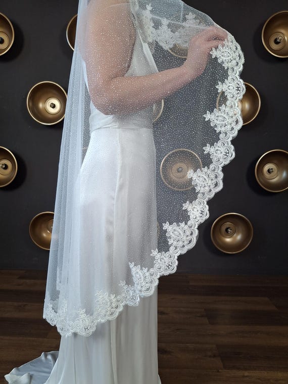 Glitter Veil With Lace Trim Veil Mantilla Veil Ivory Bridal Veil Floor  Length Veil Lace Veil With Glitter Sparkle Veil Chapel Catholic Veil - Etsy