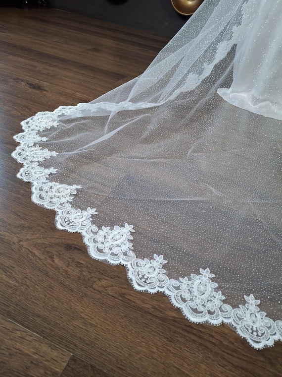 Cathedral Wedding Veil, sparkle embedded within the material with lace trimming Sparkle Veils in Lace Trim Veil Cathedral Veil With Glitter  main image 2