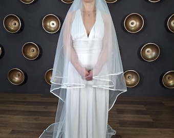 Satin edge veil in floor length veil satin trim veil Elegant veil with blusher Satin ribbon two tier veil blusher veil in satin ribbon veil