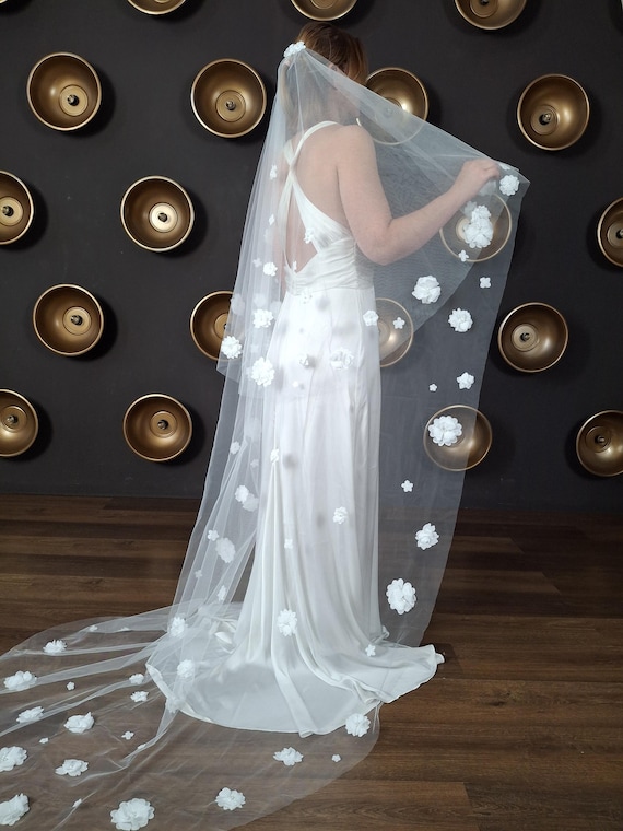 Long Sheer Bridal Veil with Floral Accent - White Train only short lace veil - All over sheer florals French  main image 3