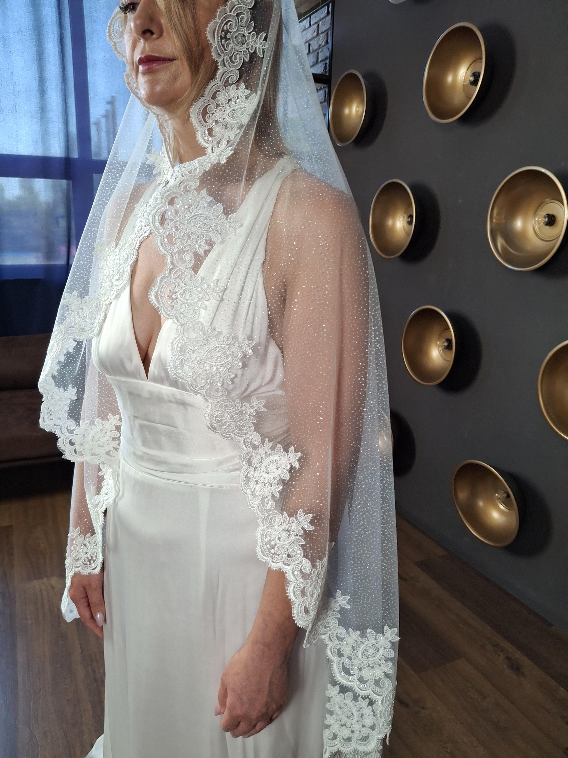 Cathedral Wedding Veil, sparkle embedded within the material with lace trimming Sparkly Cathedral Veil with Swarovski Crystals | WeddingVeil.com main image 4
